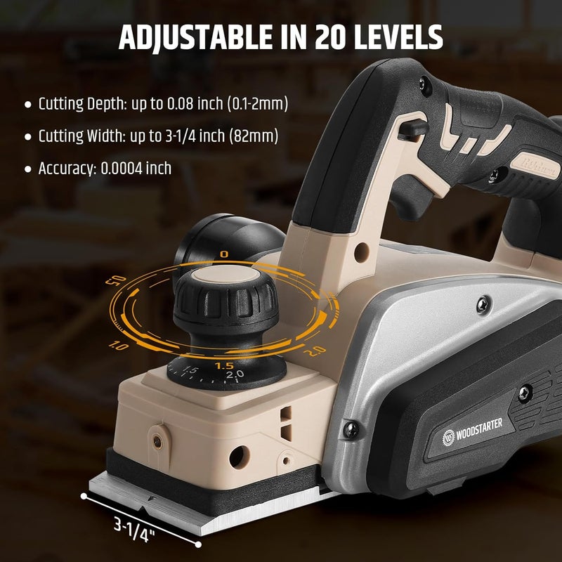 WOODSTARTER مخطط يدوي كهربائي بدون سلك (بطارية وشاحن)، محرك بدون فرشاة 15000 دورة في الدقيقة، عرض التخطيط 3-1/4 بوصة، بطارية 20 فولت 4.0Ah، شاحن، دليل حواف وحقيبة غبار متضمنة، مثالي لتشطيب الخشب - Image 2